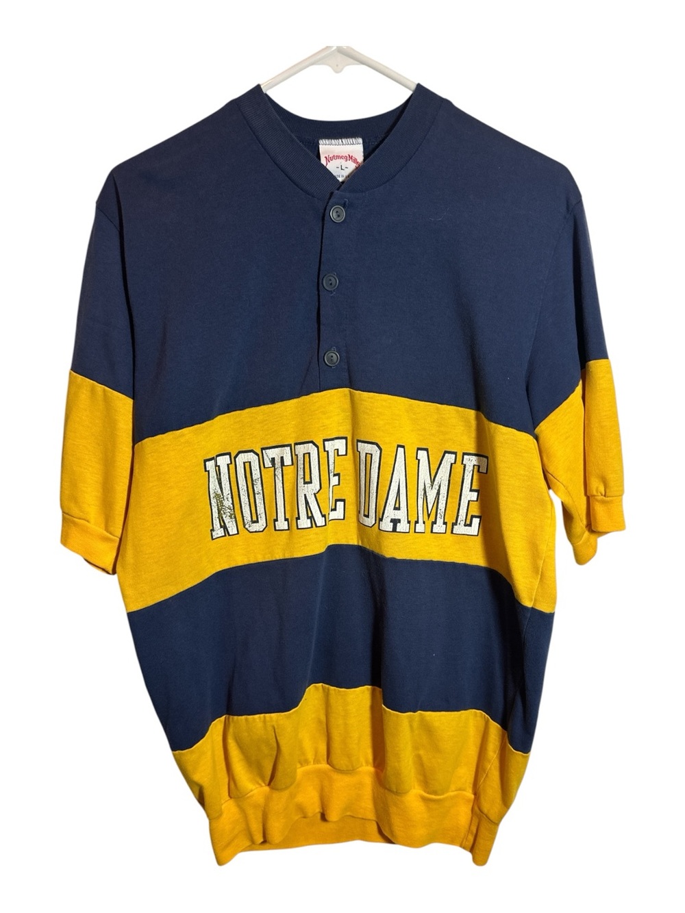 Vintage Nutmeg Mills Unisex Notre Dame Bold Colorblock Rugby Short Sleeve Lg USA